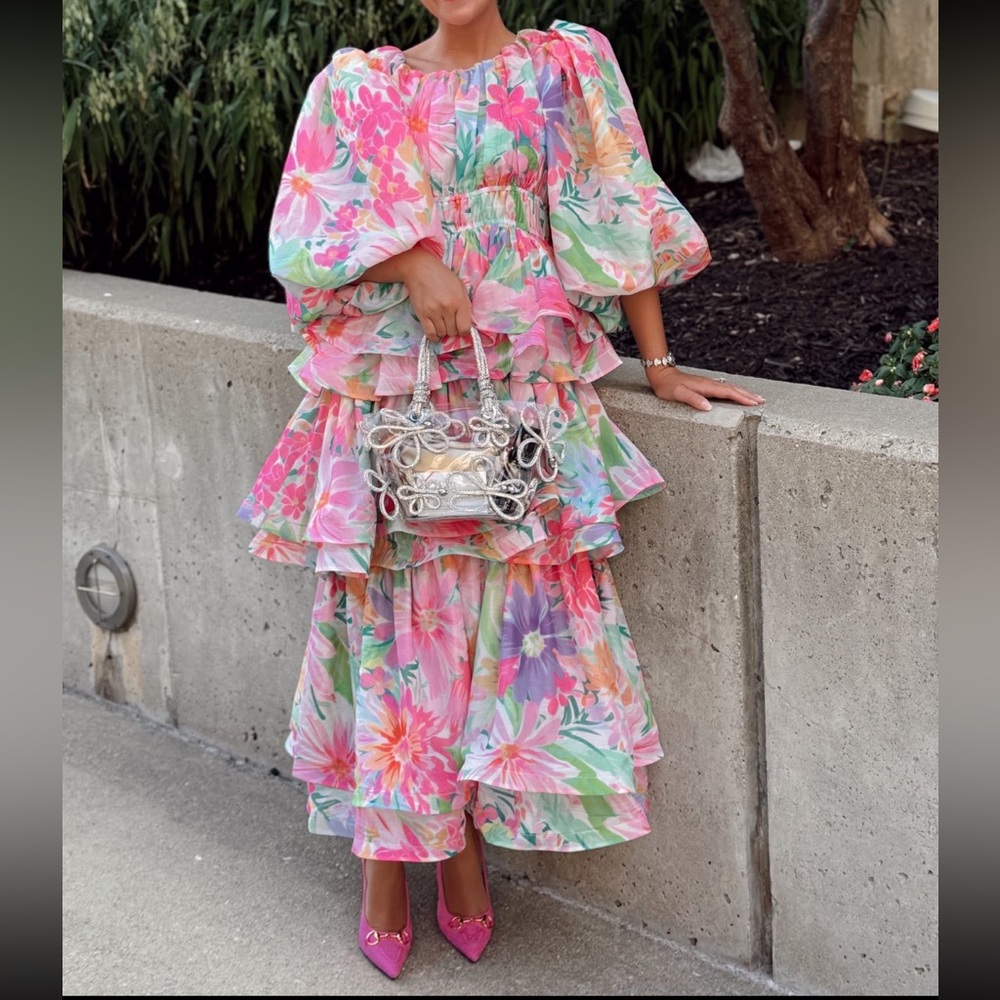 Colorful Floral Tiered Maxi Dress - Pink & Pastel Garden Print